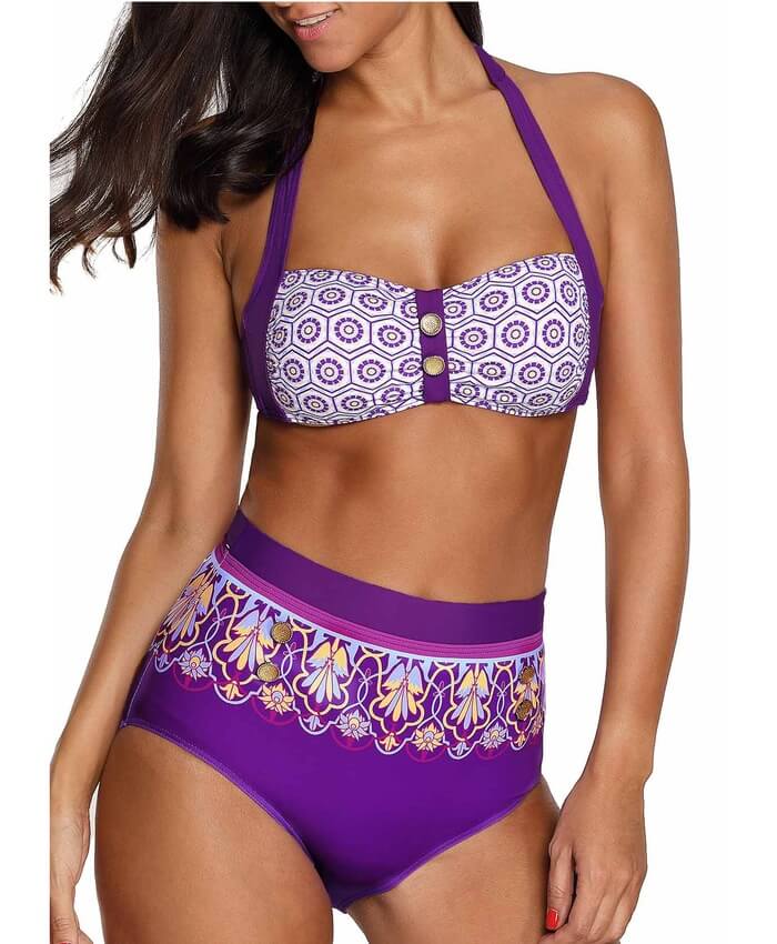 Printed Halter Neck Swimwear Bra And High Waist Panty